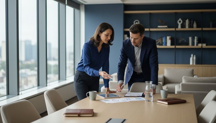 Twee collega's bespreken resultaten aan tafel